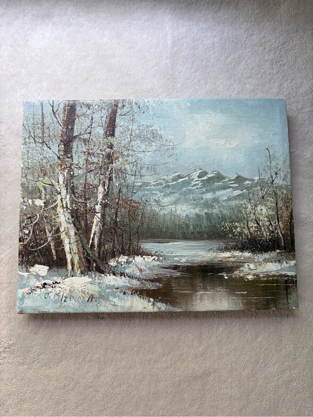 Hand painted Snowy Winter Mountain Scene on Canvas